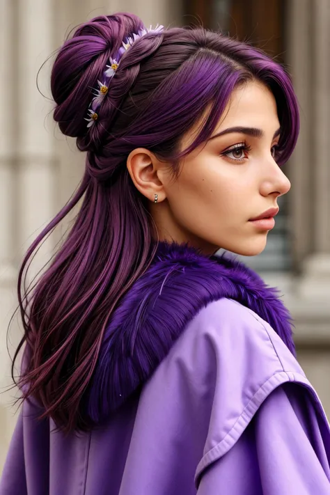 a woman with purple hair and a purple coat is looking away