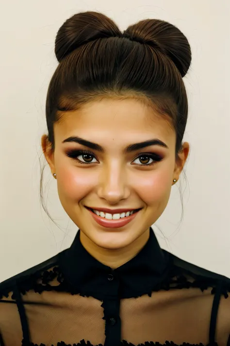 a close up of a woman with a bun on her head