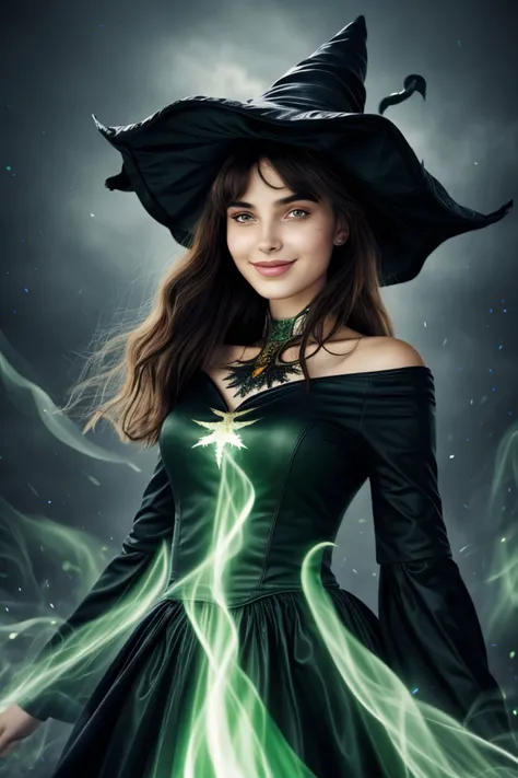 a woman in a witches costume with a green light