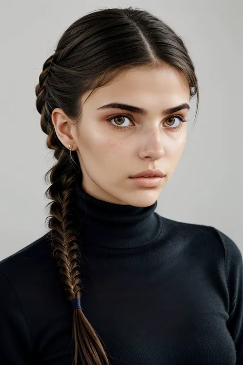 a woman with long hair in a black turtle neck sweater