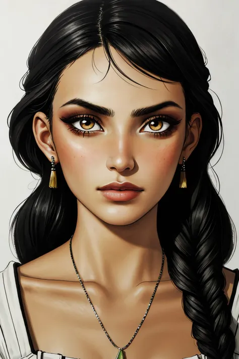 a drawing of a woman with long black hair and a necklace