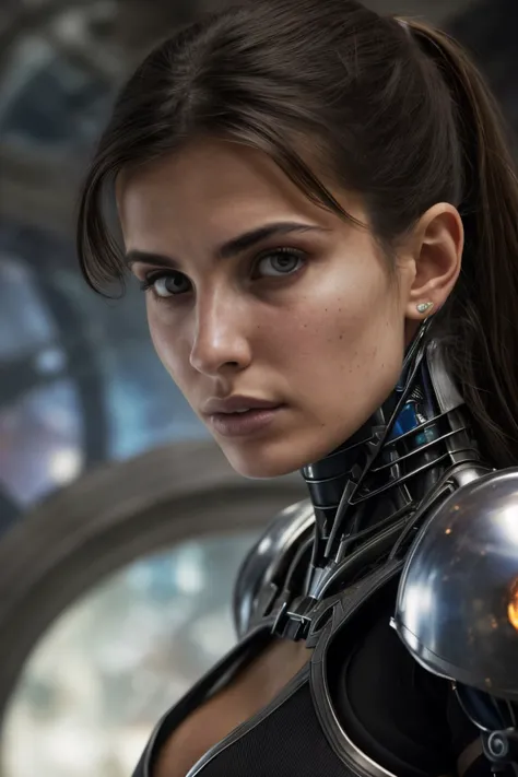 a close up of a woman in a futuristic suit with a glowing orb