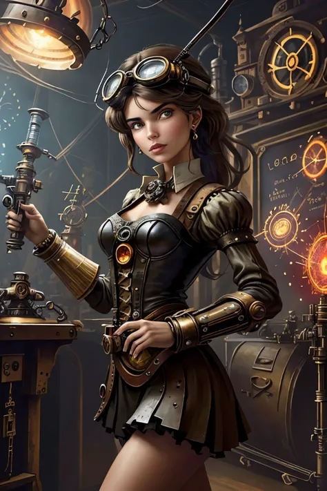 a woman in steam punk clothes holding a light and a machine