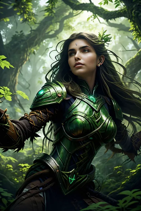 a woman in a green armor holding a sword in a forest