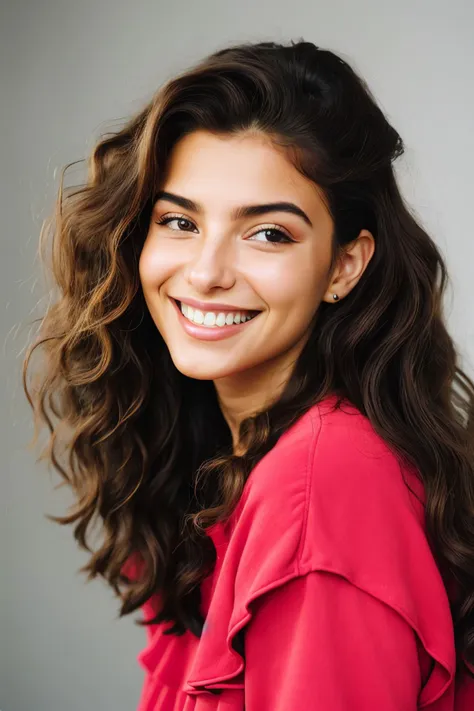 a woman with long hair smiling and wearing a red shirt