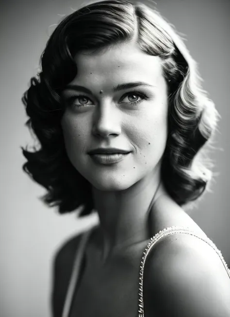 a black and white photo of a woman with a short hair