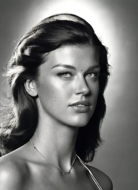 a black and white photo of a woman with a necklace on