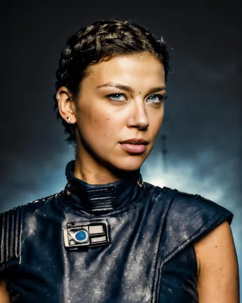 a woman in a leather outfit with a blue eye