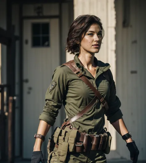 a woman in a green shirt and black gloves holding a gun