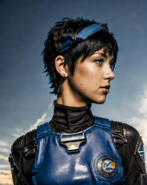 a close up of a woman in a blue leather outfit