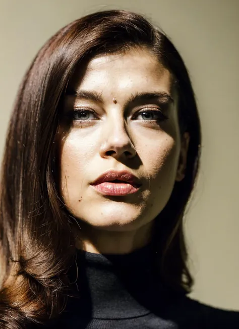 arafed woman with long brown hair and a black turtle neck