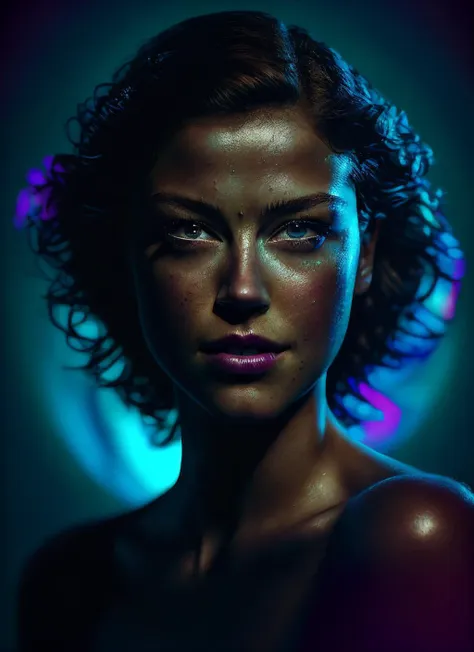 a close up of a woman with a blue light in the background