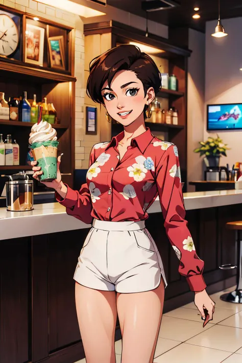 fasha, black eyes, short black hair, spiked hair, earrings, monkey tail, floral shirt, long sleeves, white shorts, looking at viewer, smiling, happy, teeth, standing, inside ice cream parlor, holding milkshake, playful ambiance, high quality, masterpiece, ...