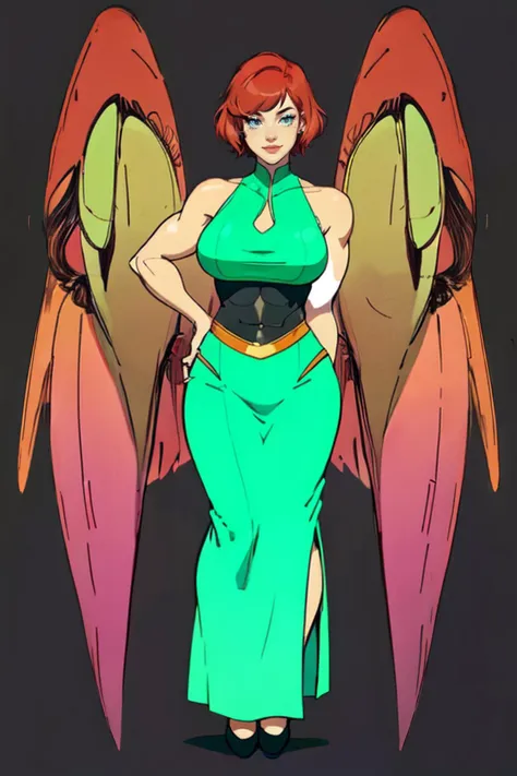 a woman in a green dress with wings on her back