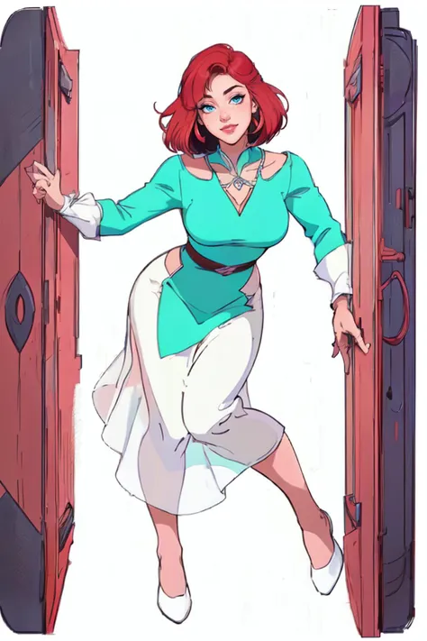 a woman in a green dress is standing in front of a door