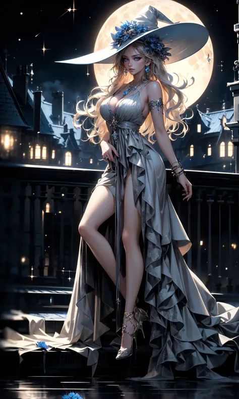 (dramatic, gritty, intense:1.4),masterpiece, best quality, 8k, insane details, intricate details, hyperdetailed, hyper quality, high detail, ultra detailed, Masterpiece,
Moon Witch1gidsolowhite witch hatblonde hairwhite dressjewelryhigh heelscleava...