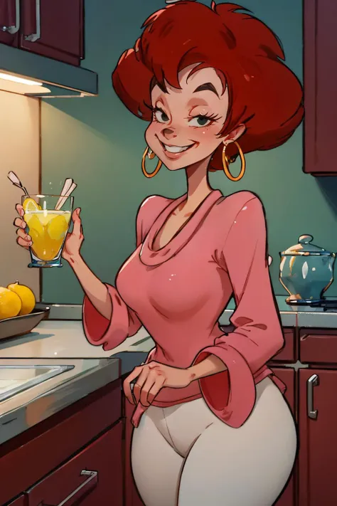 cartoon of a woman holding a glass of orange juice in a kitchen