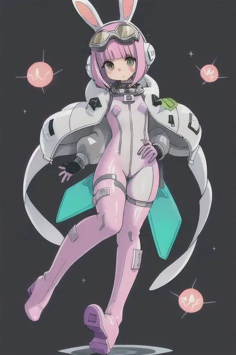 cyberpunk, holland lop bunny kemonomimi, astronaut, girl, pink hair, round eyes, tight suit, full body, two bunny ears, clear latex, large chunky space boots, long hair strands in front, goggles on head, grey suit, extra-large bust, lavender eyes, short ha...