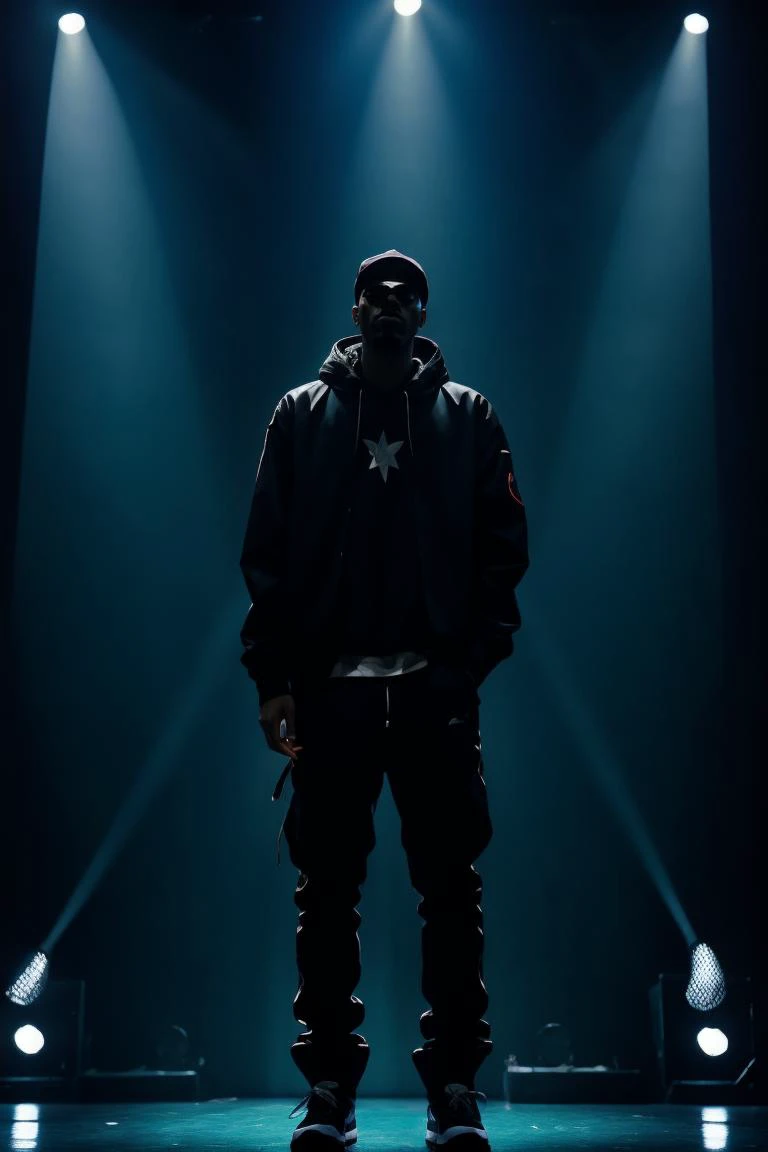 a man standing on a stage with lights on and a microphone