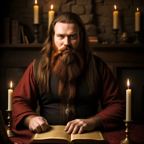 high-quality, detailed, photoreal, photography, photo, A man, big red-brown beard and long hair sitting in front of a table with magical items <lora:DruidMagicAI:1>, candles, books with magical inscriptions, dark background.