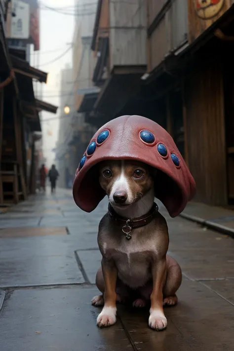 arafed dog wearing a mushroom hat sitting on a sidewalk