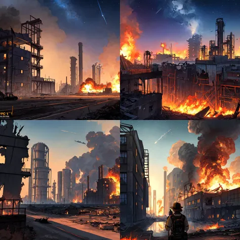 8k,masterpiece, filming, best quality, science fiction, future style (module),steampunk, landscape,
crowding street, stars sky, a big plant and universe in the sky, empty,
(DOCK),explosion,fire and smoke, ruin factory and clapping building,ruins, (falling ...