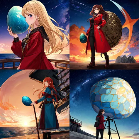 masterpiece, 8K,high quality, colorful, morning, filming,
a girl hold a big dragon egg, standing on the warship,
outside,star the sky,face to face,front, many stars on the sky, universe,
better hands,