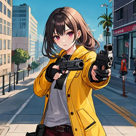 masterpiece, high res, <lora:Rozalin 1.0:1> 1girl, RozalinD2, standing, ((holding a handgun at viewer, aiming at viewer)), looking at viewer,