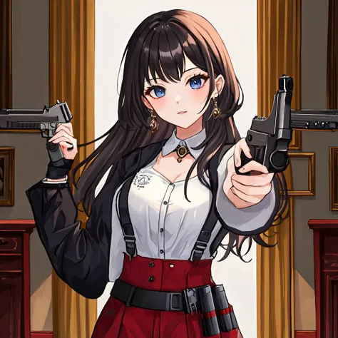 masterpiece, high res, <lora:Rozalin 1.0:1> 1girl, RozalinD2, standing, ((holding a handgun at viewer, aiming at viewer)), looking at viewer,