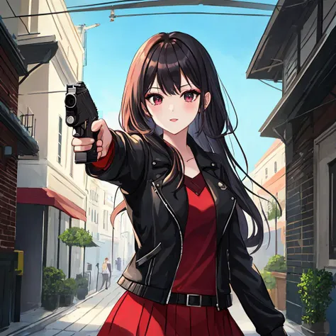 masterpiece, high res, <lora:Rozalin 1.0:1> 1girl, RozalinD2, standing, ((holding a handgun at viewer, aiming at viewer)), looking at viewer,