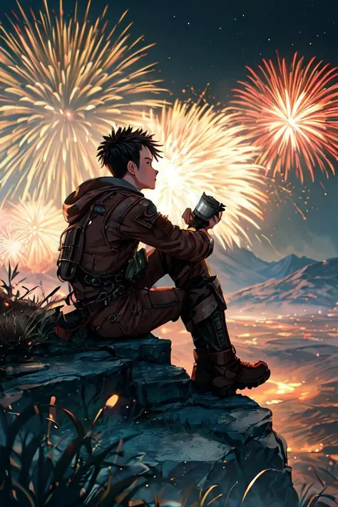 midnight,landscape,wasteland,firework,a machinery boy,sitting on the high mountain cliff, looking faraway,steampunk,Ghibli,
abstract dream, space, intricate, grand scale, alone, cinematic film still, insane detail, sharp focus, depth of field, realistic li...