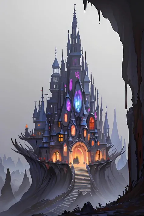 a fantasy dwarven city, dark cave, rainy and gloomy, viewed from afar, cold colours, dripping stalactites, buildings carved into stalactites, extremely detailed oil painting, unreal 5 render, digital art, octane render, beautiful composition, trending on a...