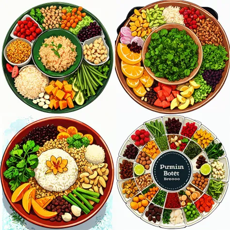 four plates of different types of food with different toppings