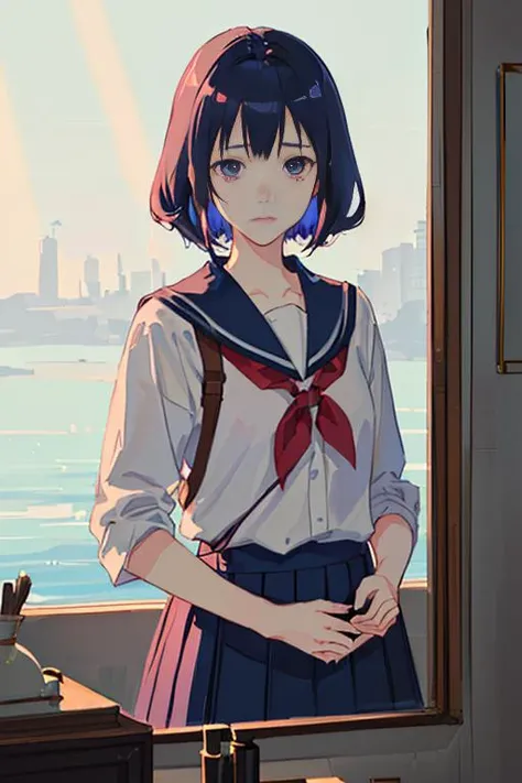 3d infrared octane render concept art by Mo Xiang Tong Xiu, by Igarashi Daisuke, by makoto shinkai, cute beauty cozy portrait anime sad schoolgirls under dark pink and blue tones, mirror room. light rays. deep water bellow. beautiful and cutest sad real fa...