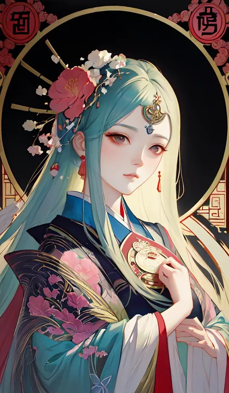 portrait full three kingdom breathtaking detailed concept art painting art deco pattern of birds goddesses amalmation flowers head thibetan temple, by hsiao ron cheng, tetsuya ichida, bizarre compositions, tsutomu nihei, exquisite detail, extremely moody l...