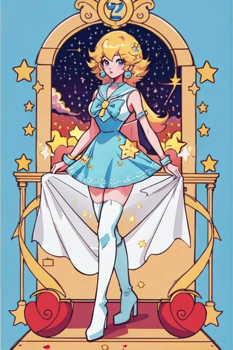 (masterpiece, best quality:1.2), intricate details, <lora:meowwniz:0.9> meowwniz, 1girl, constellation_print, sailor_collar, light blue dress, blonde hair, white thighhighs, knee boots