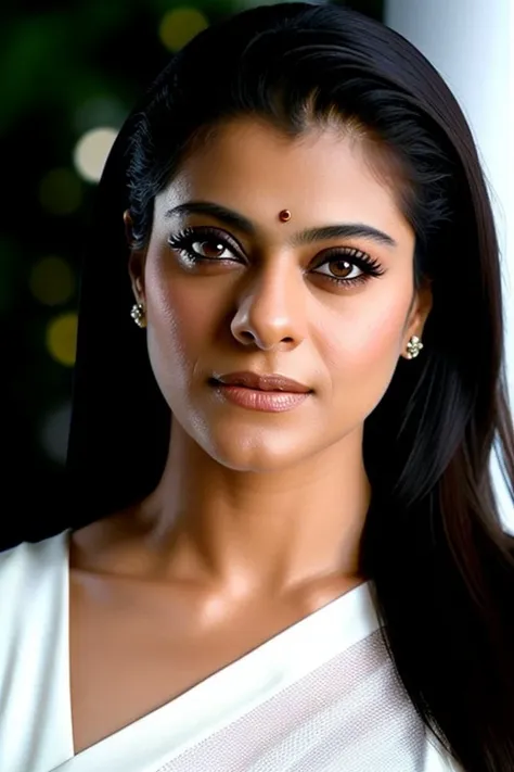 anusha in white sari looking at the camera