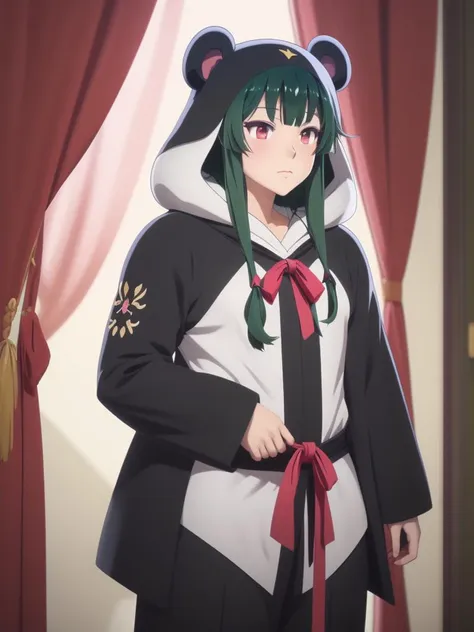 anime character dressed in black and white outfit with green hair