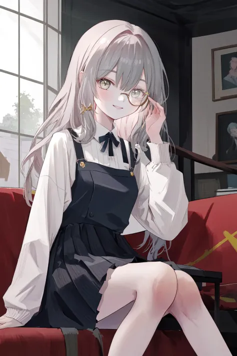 anime girl sitting on a red couch with her hand on her chin