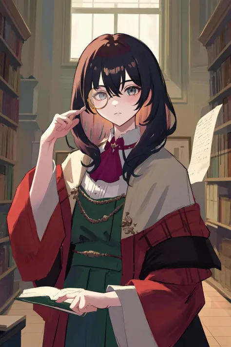 masterpiece, best quality, highres, 1girl monocle <lora:monocle_2:1> holding books