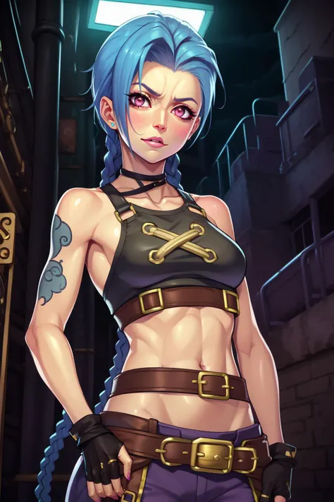 JinxLol,mature female,1girl, solo,looking at viewer, navel, gloves, fingerless gloves, character name, midriff, bare shoulders, cloud tattoo, twin braids , very long hair, tattoo,  striped pants ,
stomach tattoo, upper body, crazy eyes,
looking at viewer, ...