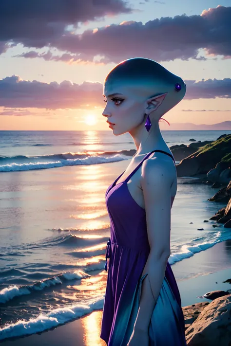 Ruto_Zelda, wearing a purple sundress, looking away,  serious, sad, medium shot, 
standing, beach,rocks, dusk, twilight sky, extreme detail, hdr,  <lora:ruto_oot_v1:1>