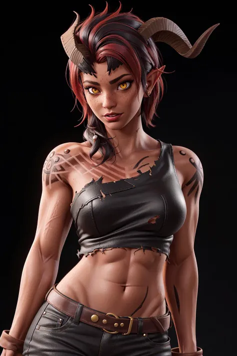 masterpiece, best quality, high resolution, high contrast, trending on artstation, picture of a devil woman, leather, collarbone, freckles, short hair, black hair, red highlights, multicolored hair, yellow eyes, devil, horns, KarlachBG <lora:KarlachBG:0.6>...