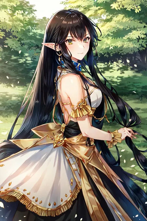 a woman in a dress with long black hair and a sword