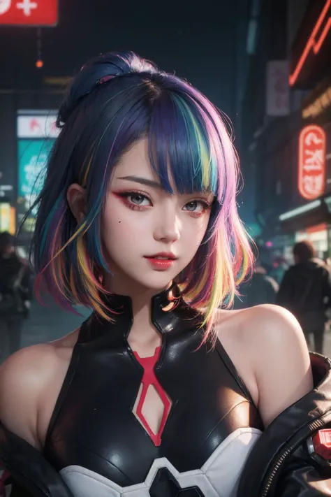 (masterpiece, best quality:1.3), lucy, 1girl, (multicolored hair:1.4), lucy (cyberpunk), cyberpunk,( bare shoulders:0.8), (smile:0.6), motion, sexy pose, looking at viewer, solo focus, bangs, red lips, messy hair, red eyeliner, elder sister, colorful hair,...