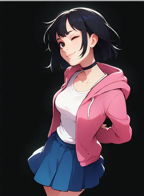 score_9, score_8, score_7_up, 1girl, solo, pink open hoodie, blue school skirt, black hair, bangs, wink, black eyes, standing, from above, perspective, arched back, medium breasts, arms behind back, portrait, black choker, ((black background)),
<lora:Lunas...