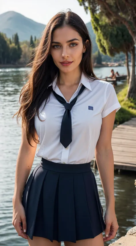 a close up of a woman in a skirt and tie posing for a picture