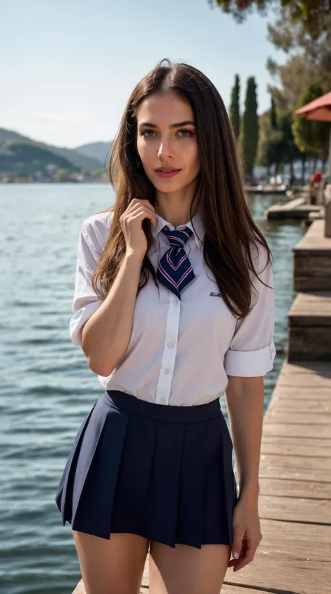 a woman in a skirt and shirt posing on a dock