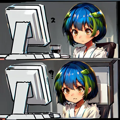 masterpiece,best quality,(a 2koma of a girl sitting confused at a computer),1girl,earth-chan,two-tone hair,blue hair,green hair,brown eyes,white shirt,short sleeves,(?:1.3),<lora:gijinkaseries_earth:1>,<lora:iamkonfus-aom2:1>,