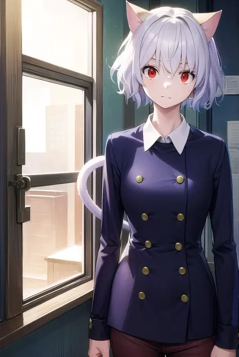 anime girl with cat ears and purple outfit standing in front of a window